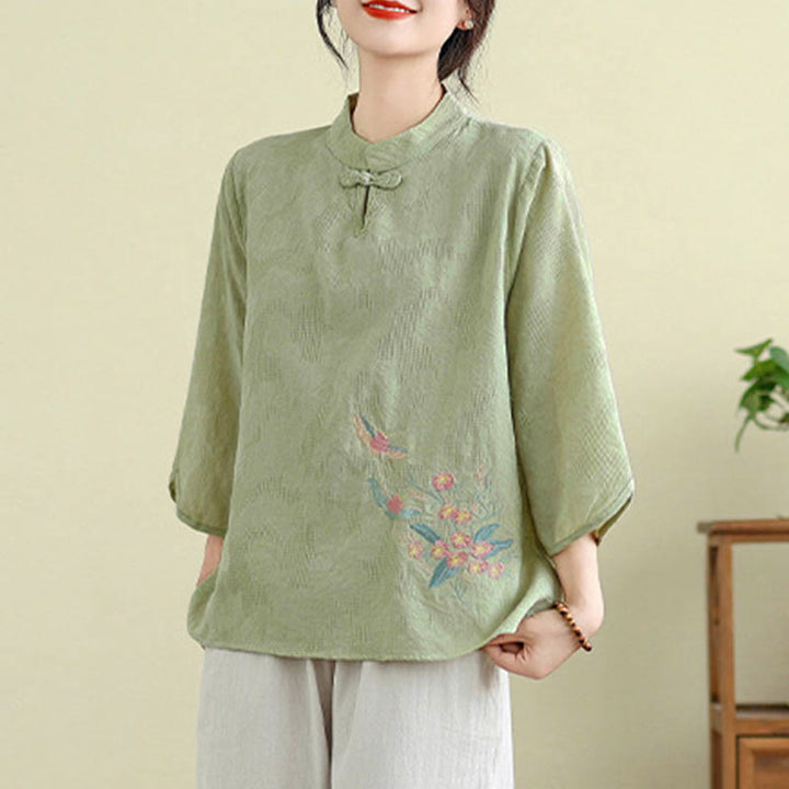 Buddha Stones Flower Embroidery Three Quarter Sleeve One Frog-Button Mandarin Collar Cotton Women's Shirt - image 4