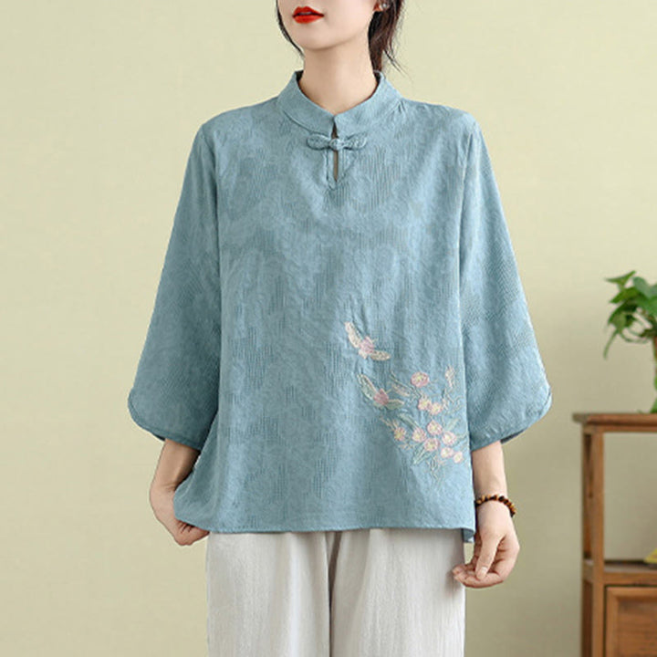 Buddha Stones Flower Embroidery Three Quarter Sleeve One Frog-Button Mandarin Collar Cotton Women's Shirt - image 13