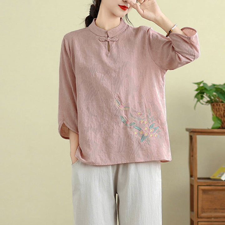 Buddha Stones Flower Embroidery Three Quarter Sleeve One Frog-Button Mandarin Collar Cotton Women's Shirt - image 18
