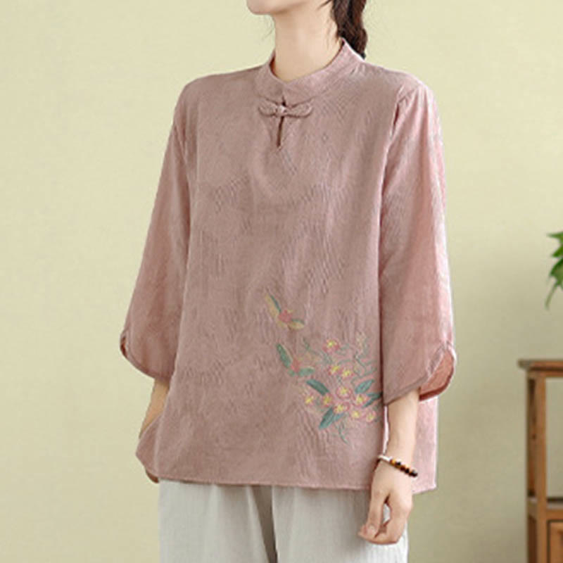 Buddha Stones Flower Embroidery Three Quarter Sleeve One Frog-Button Mandarin Collar Cotton Women's Shirt - image 21
