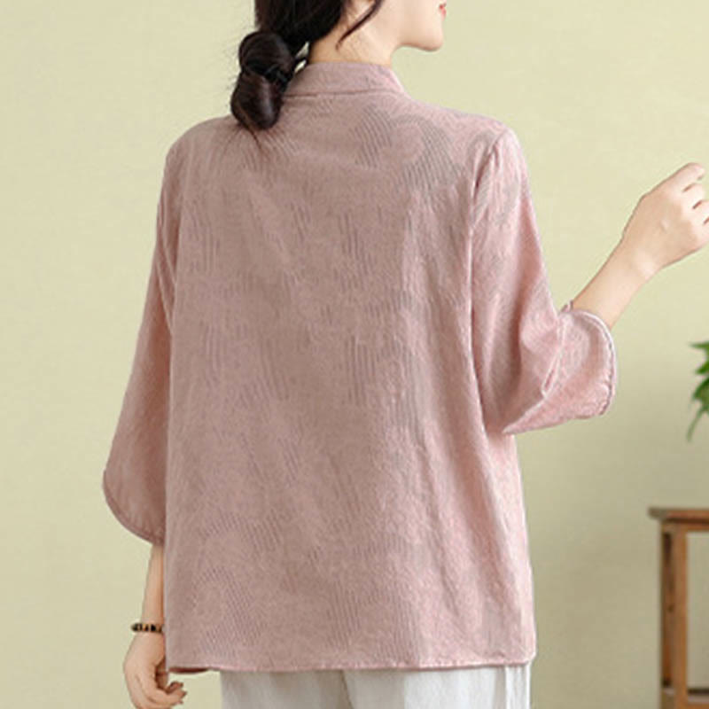 Buddha Stones Flower Embroidery Three Quarter Sleeve One Frog-Button Mandarin Collar Cotton Women's Shirt - image 19