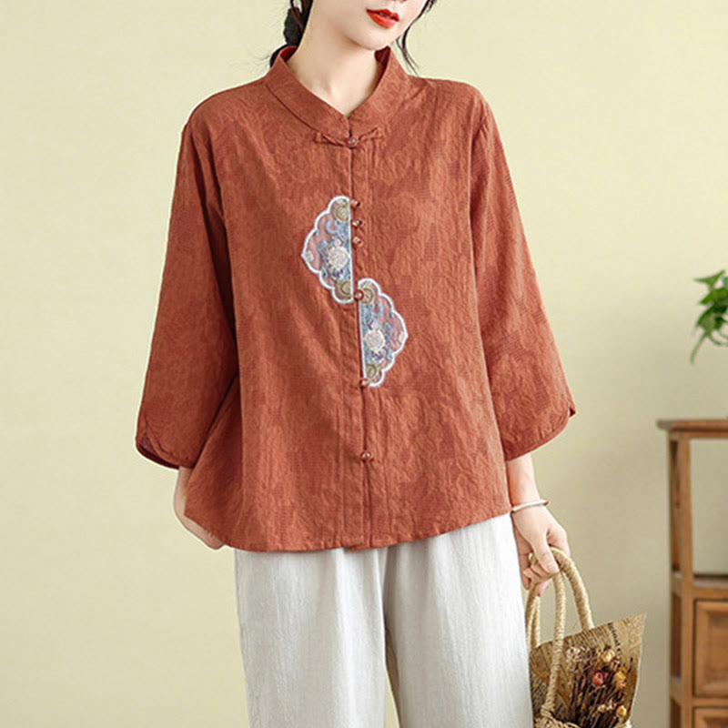 Buddha Stones Flower Embroidery Jacquard Three Quarter Sleeve Frog-Button Cotton Women's Shirt - image 3