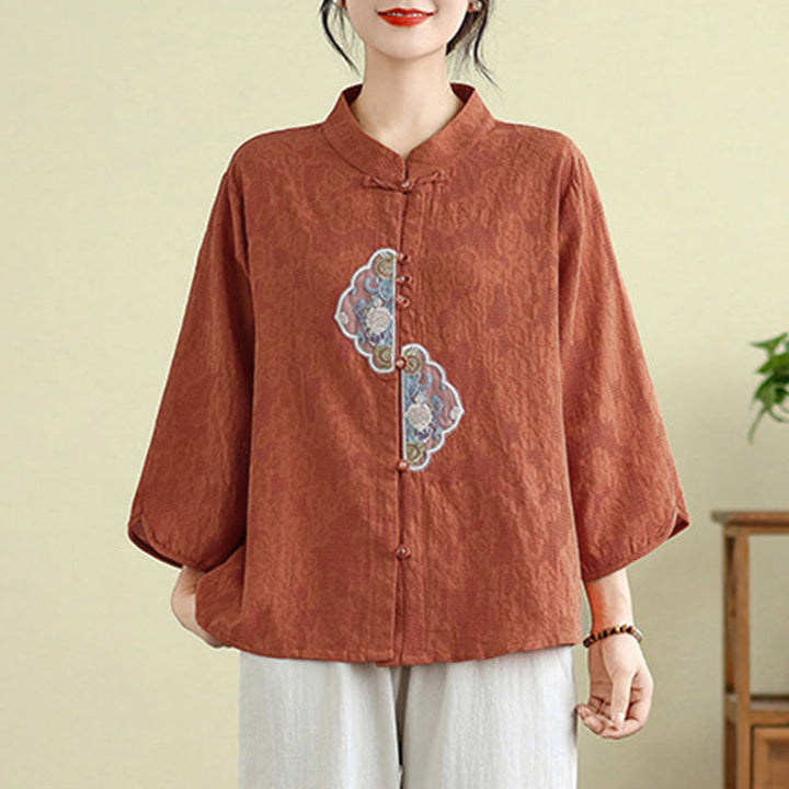 Buddha Stones Flower Embroidery Jacquard Three Quarter Sleeve Frog-Button Cotton Women's Shirt - image 5