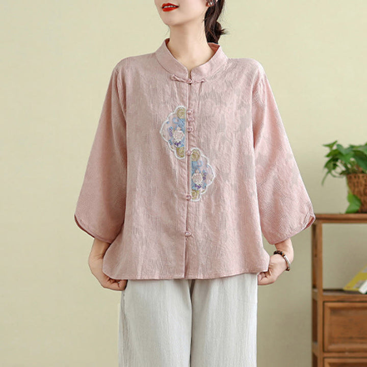 Buddha Stones Flower Embroidery Jacquard Three Quarter Sleeve Frog-Button Cotton Women's Shirt - image 17