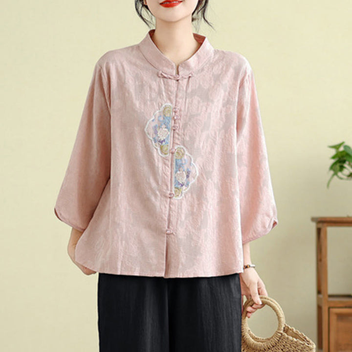Buddha Stones Flower Embroidery Jacquard Three Quarter Sleeve Frog-Button Cotton Women's Shirt - image 20