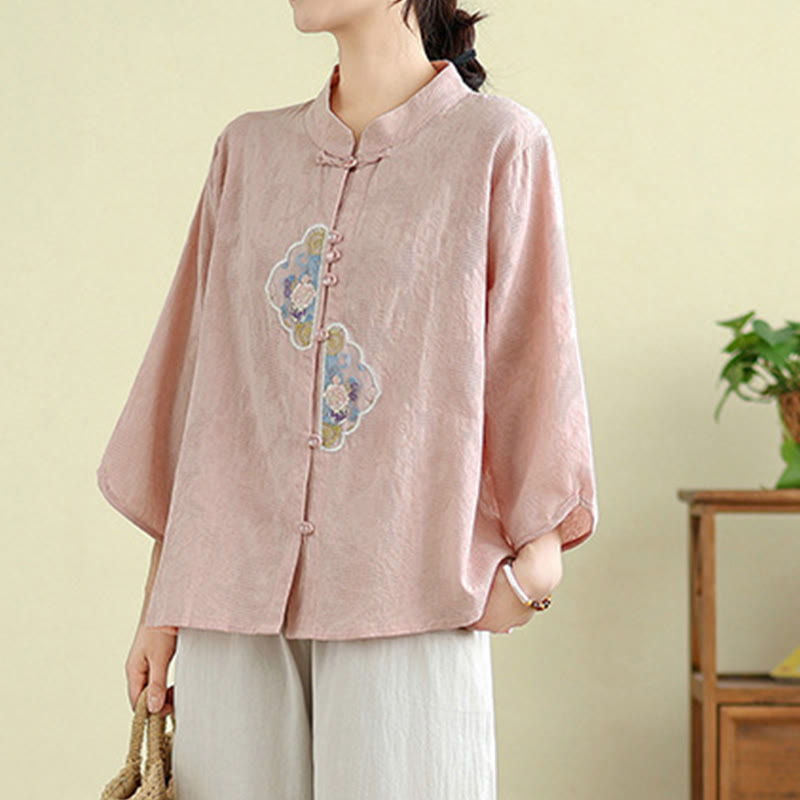 Buddha Stones Flower Embroidery Jacquard Three Quarter Sleeve Frog-Button Cotton Women's Shirt - image 21