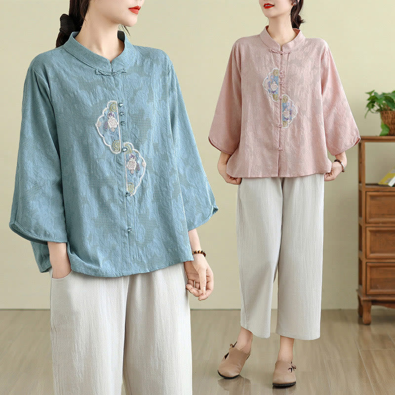 Buddha Stones Flower Embroidery Jacquard Three Quarter Sleeve Frog-Button Cotton Women's Shirt - image 25