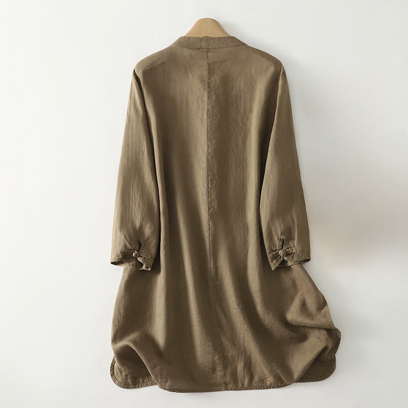 Buddha Stones Fall Solid Color Frog-Button Stand Collar Three Quarter Sleeve Mid-length Women's Cotton Shirt - image 2