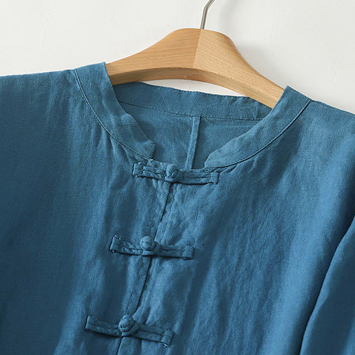 Buddha Stones Fall Solid Color Frog-Button Stand Collar Three Quarter Sleeve Mid-length Women's Cotton Shirt - image 9