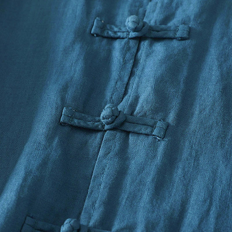 Buddha Stones Fall Solid Color Frog-Button Stand Collar Three Quarter Sleeve Mid-length Women's Cotton Shirt - image 11