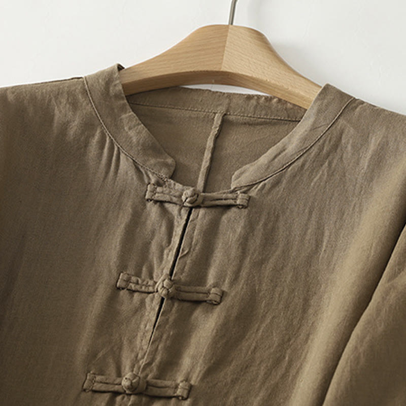 Buddha Stones Fall Solid Color Frog-Button Stand Collar Three Quarter Sleeve Mid-length Women's Cotton Shirt - image 3