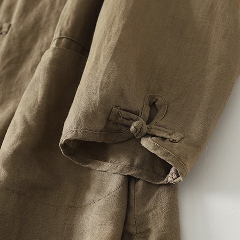 Buddha Stones Fall Solid Color Frog-Button Stand Collar Three Quarter Sleeve Mid-length Women's Cotton Shirt - image 6