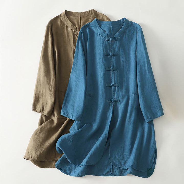 Buddha Stones Fall Solid Color Frog-Button Stand Collar Three Quarter Sleeve Mid-length Women's Cotton Shirt - image 0