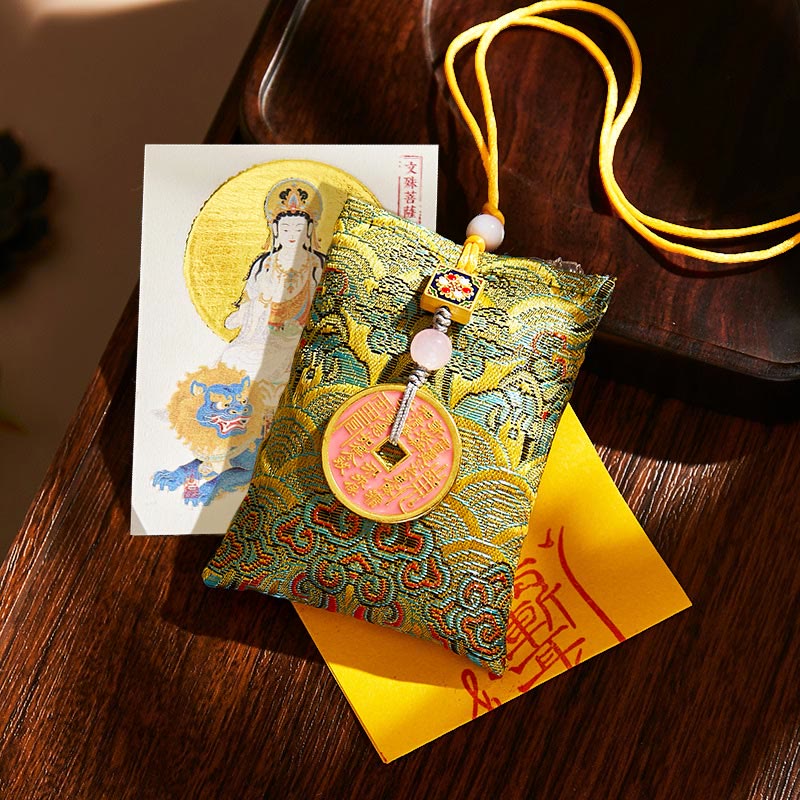 Buddha Stones Chinese Zodiac Natal Buddha Copper Coins Sachet Blessing Hanging Decoration - Green Fabric - Rabbit-Manjushri Bodhisattva - image 0