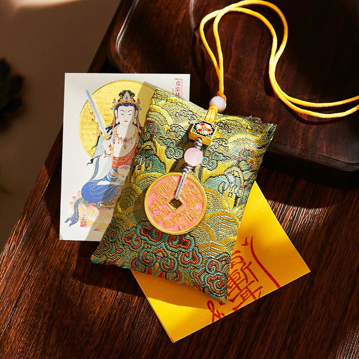 Buddha Stones Chinese Zodiac Natal Buddha Copper Coins Sachet Blessing Hanging Decoration - Green Fabric - Ox/Tiger-Void Bodhisattva - image 4