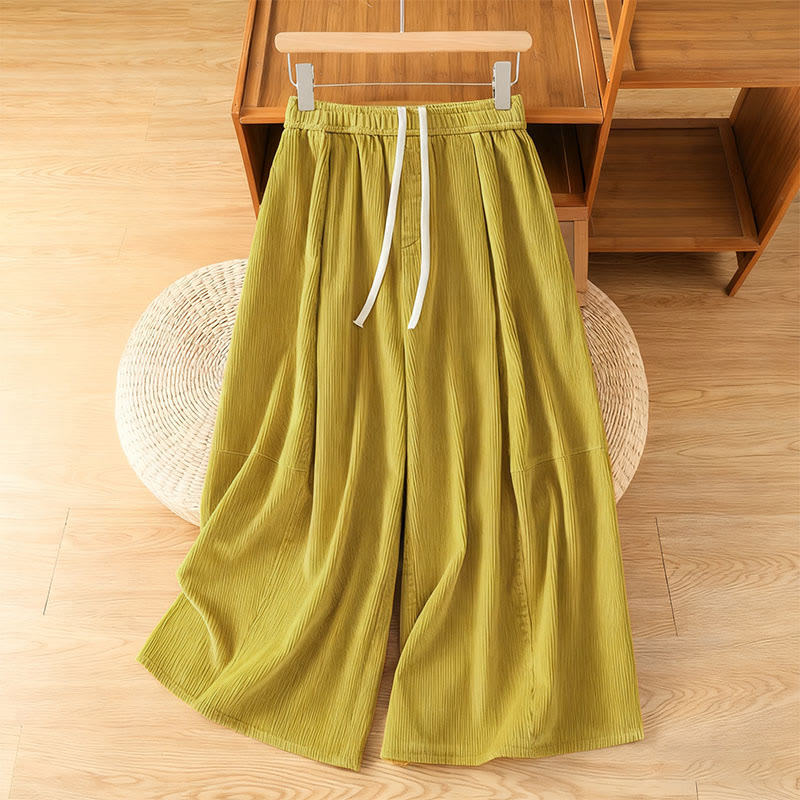 Buddha Stones Plain Elastic Waist Women's Cropped 7-8 Length Wide Leg Corduroy Pants - Khaki - US4，UK/AU8，EU36 (F) - image 1