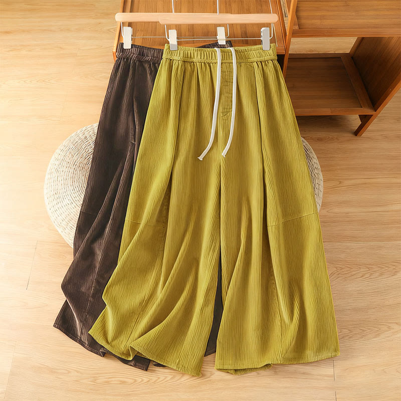 Buddha Stones Plain Elastic Waist Women's Cropped 7-8 Length Wide Leg Corduroy Pants - image 0