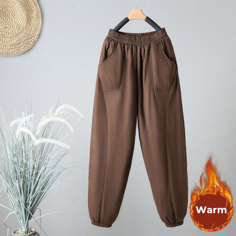 Buddha Stones Winter Elastic Waist Cotton Thermal Women's Cropped 7-8 Length Harem Pants With Pockets - SaddleBrown - US8-10，UK/AU12-14，EU40-42 (2XL) - image 1