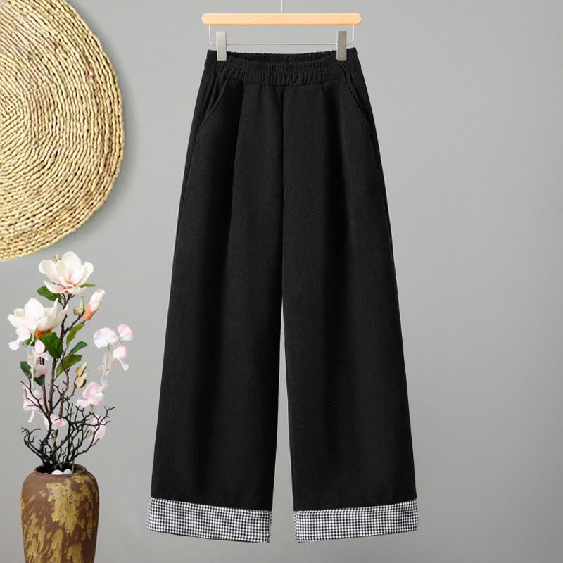 Buddha Stones Plain Elastic Waist Patchwork Plaid Women's Ankle-Length Wide Leg Corduroy Pants - Black - US8-10，UK/AU12-14，EU40-42 (2XL) - image 10