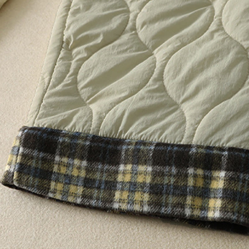 Buddha Stones Winter Curved Lines Elastic Waist Drawstring Patchwork Plaid Cotton Thermal Women's Pants With Pockets - image 12