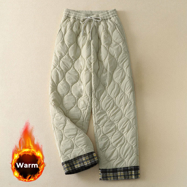 Buddha Stones Winter Curved Lines Elastic Waist Drawstring Patchwork Plaid Cotton Thermal Women's Pants With Pockets - Beige - US8-10，UK/AU12-14，EU40-42 (2XL) - image 5