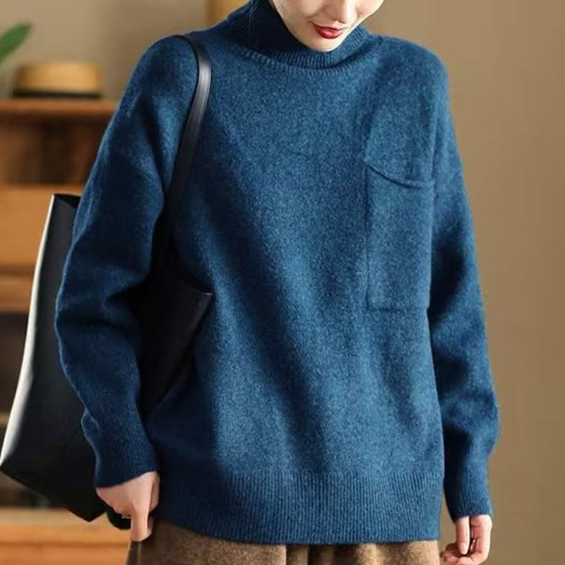 Buddha Stones Winter Solid Color Mock Neck Long Sleeve Women's Knitted Cotton Sweater - image 1