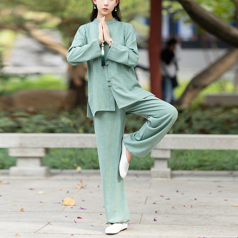 Buddha Stones 2Pcs Chinese Frog-Button Long Sleeve Shirt Top Pants Meditation Zen Tai Chi Cotton Clothing Women's Set - image 10