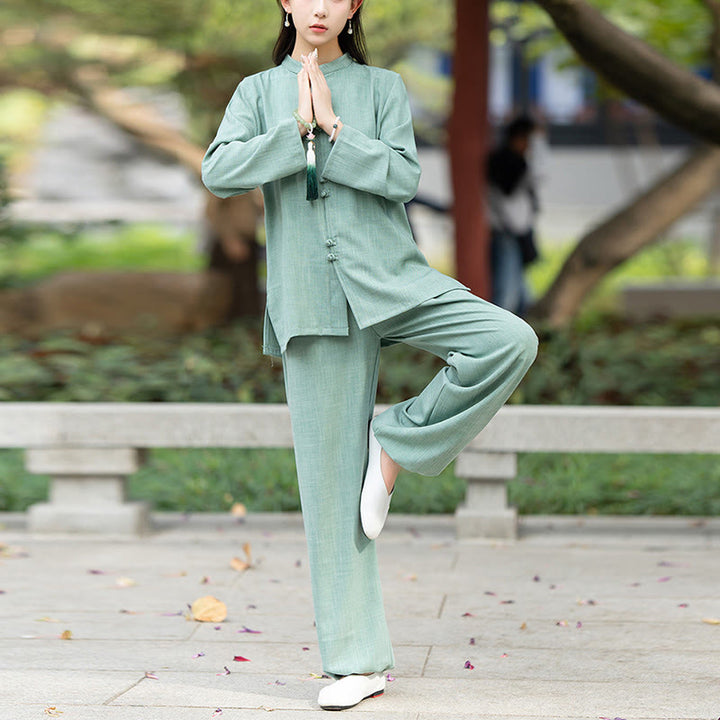Buddha Stones 2Pcs Chinese Frog-Button Long Sleeve Shirt Top Pants Meditation Zen Tai Chi Cotton Clothing Women's Set - image 10
