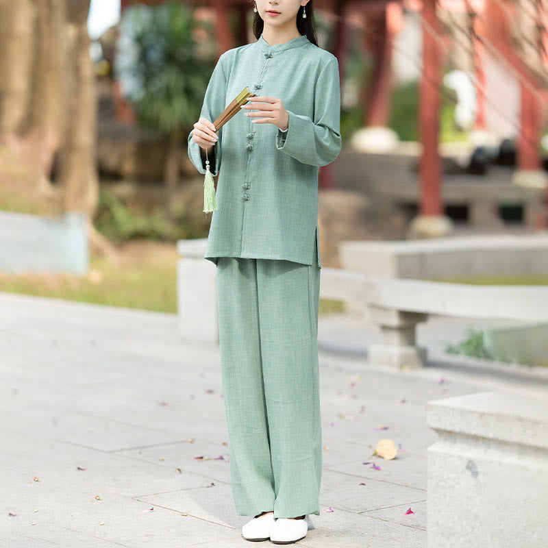 Buddha Stones 2Pcs Chinese Frog-Button Long Sleeve Shirt Top Pants Meditation Zen Tai Chi Cotton Clothing Women's Set - image 13