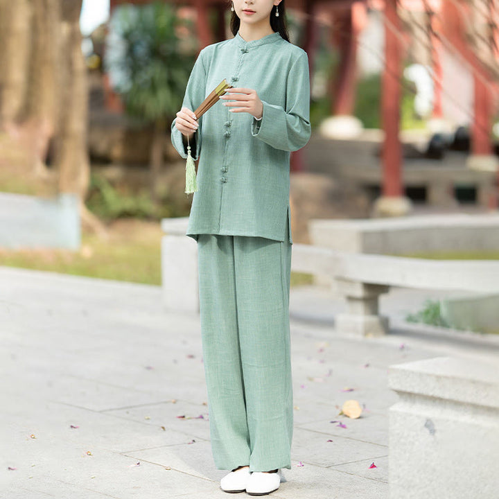 Buddha Stones 2Pcs Chinese Frog-Button Long Sleeve Shirt Top Pants Meditation Zen Tai Chi Cotton Clothing Women's Set - image 13