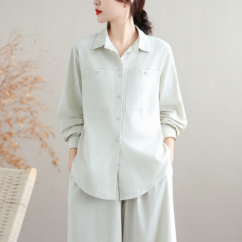 Buddha Stones 2Pcs Fall Solid Color Cotton Buttons Down Long Sleeve Shirt Ankle-Length Wide Leg Pants Women's Set With Pockets - image 4