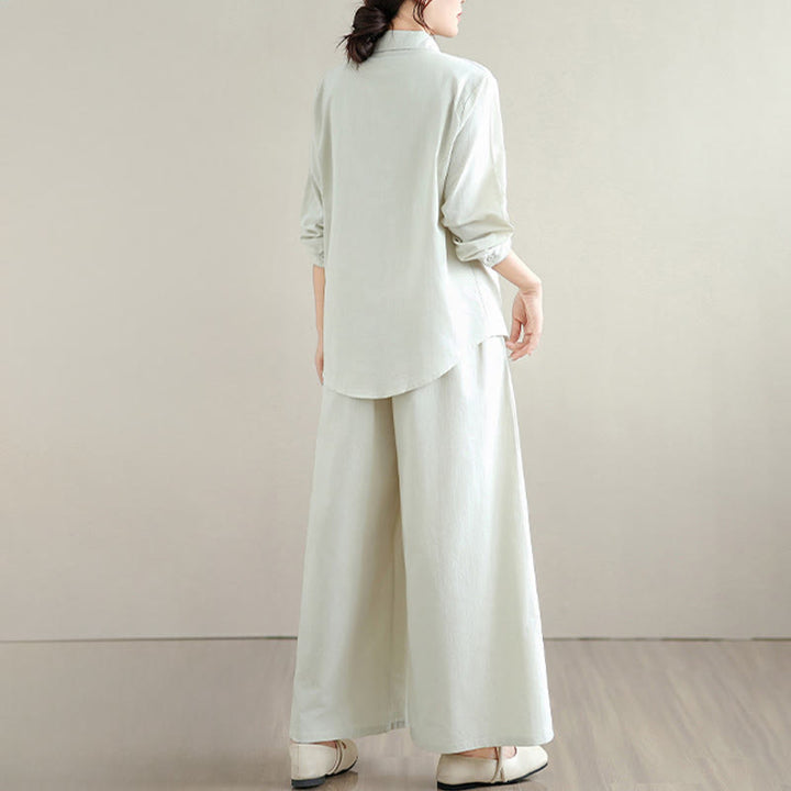 Buddha Stones 2Pcs Fall Solid Color Cotton Buttons Down Long Sleeve Shirt Ankle-Length Wide Leg Pants Women's Set With Pockets - image 3