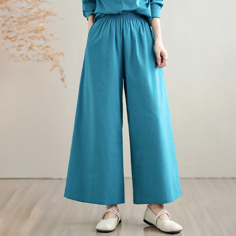 Buddha Stones 2Pcs Fall Solid Color Cotton Buttons Down Long Sleeve Shirt Ankle-Length Wide Leg Pants Women's Set With Pockets - image 19