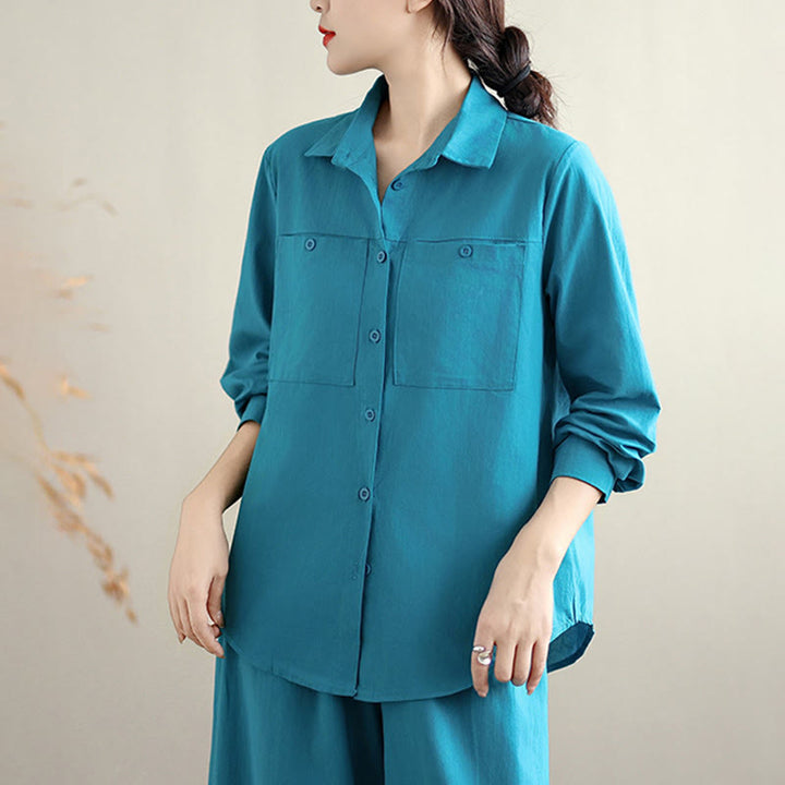 Buddha Stones 2Pcs Fall Solid Color Cotton Buttons Down Long Sleeve Shirt Ankle-Length Wide Leg Pants Women's Set With Pockets - image 18