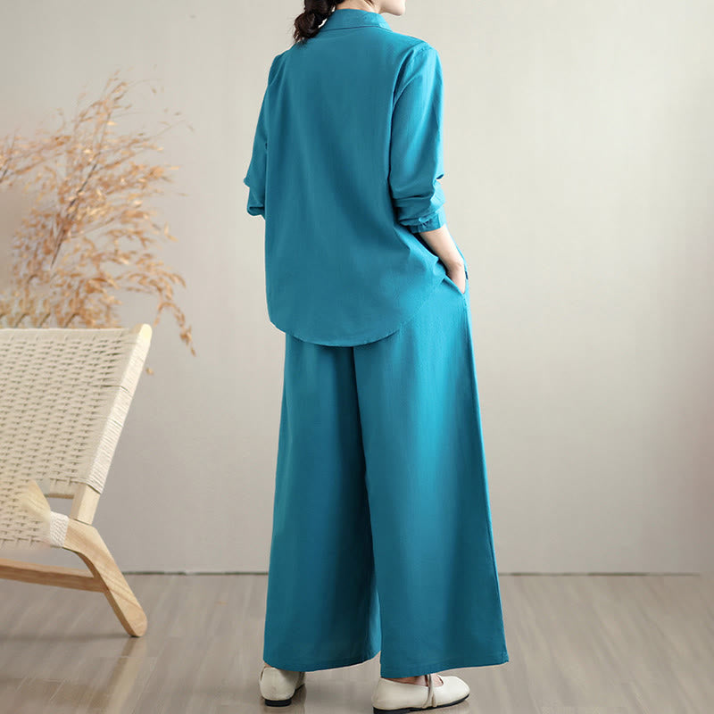 Buddha Stones 2Pcs Fall Solid Color Cotton Buttons Down Long Sleeve Shirt Ankle-Length Wide Leg Pants Women's Set With Pockets - image 15
