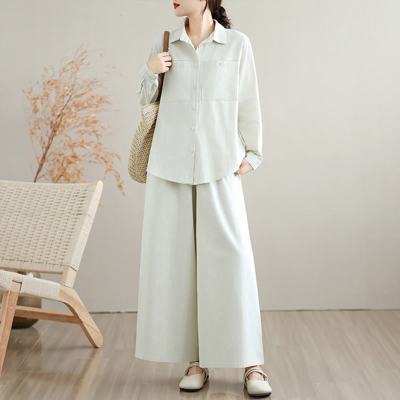 Buddha Stones 2Pcs Fall Solid Color Cotton Buttons Down Long Sleeve Shirt Ankle-Length Wide Leg Pants Women's Set With Pockets - image 2