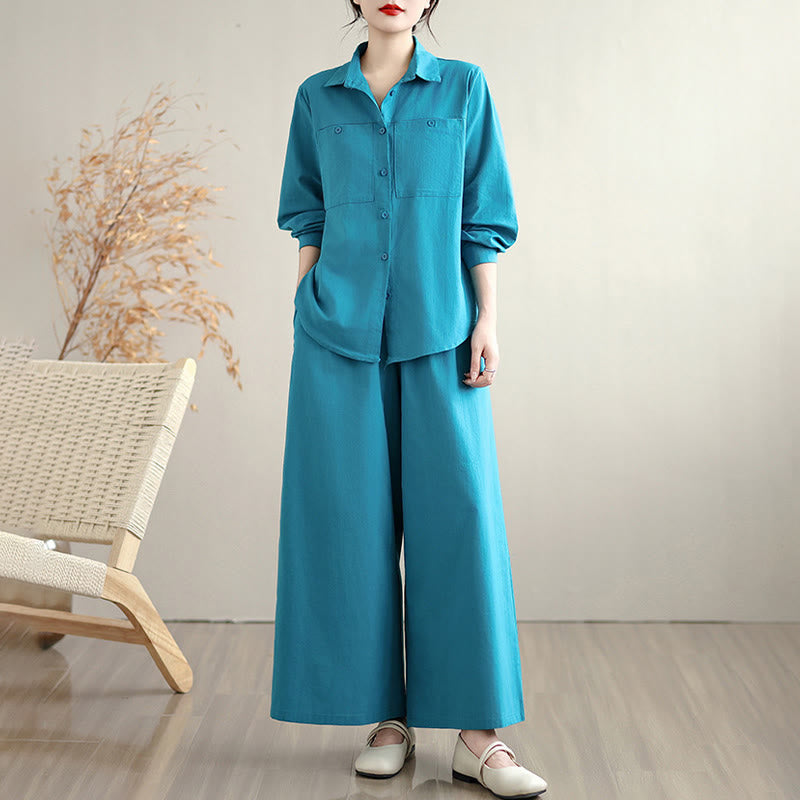 Buddha Stones 2Pcs Fall Solid Color Cotton Buttons Down Long Sleeve Shirt Ankle-Length Wide Leg Pants Women's Set With Pockets - image 13