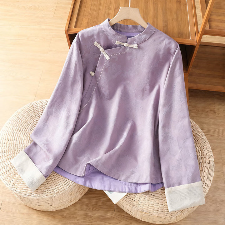 Buddha Stones Fall Jacquard Floral Print Frog-Button Stand Collar Long Sleeve Women's Cotton Shirt - Plum - US8-10，UK/AU12-14，EU40-42 (2XL) - image 8