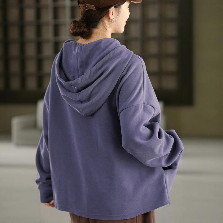 Buddha Stones Winter Solid Color Fleece-lined Cotton Long Sleeve Women's Hoodie With Pockets - image 6