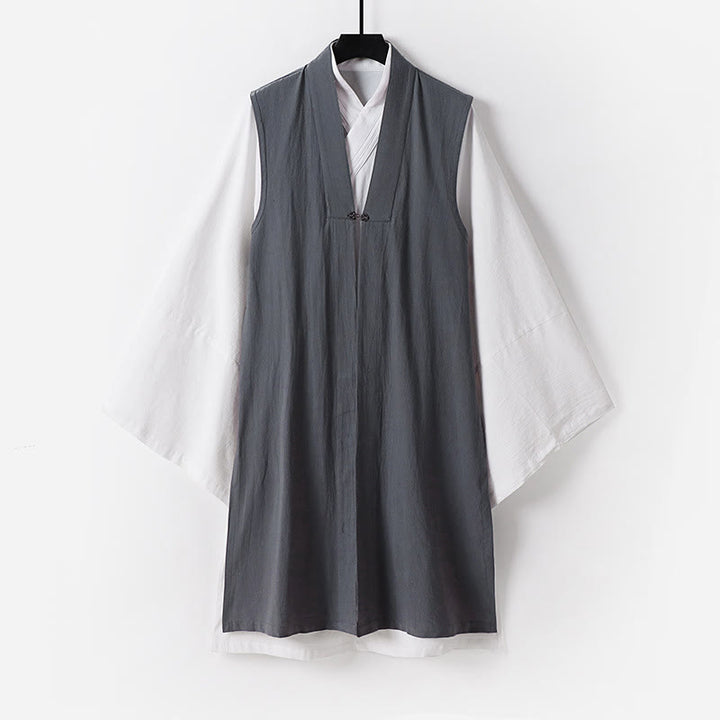 Buddha Stones 2Pcs Wudang Tai Chi Ceremony Solid Long Sleeve Men's Taoist Long Robe Kimono Sleeveless Vest Suit - Gray - US/UK/AU54，EU64 (9XL) - image 10