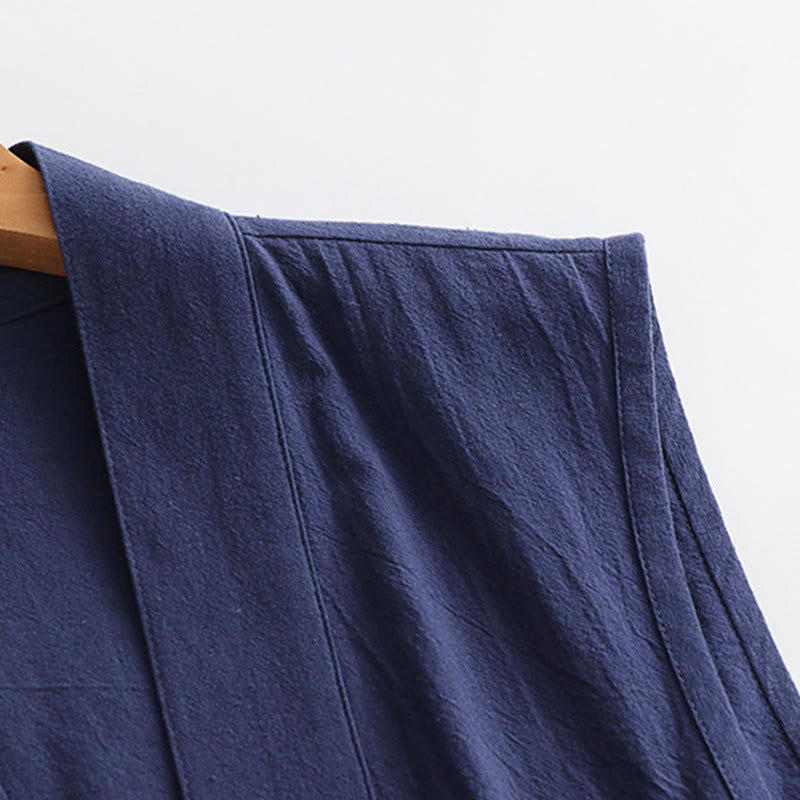 Buddha Stones 2Pcs Fall Solid Long Sleeve Men's Taoist Long Robe Lace-up Kimono Sleeveless Vest Qigong Ceremony Suit - image 24