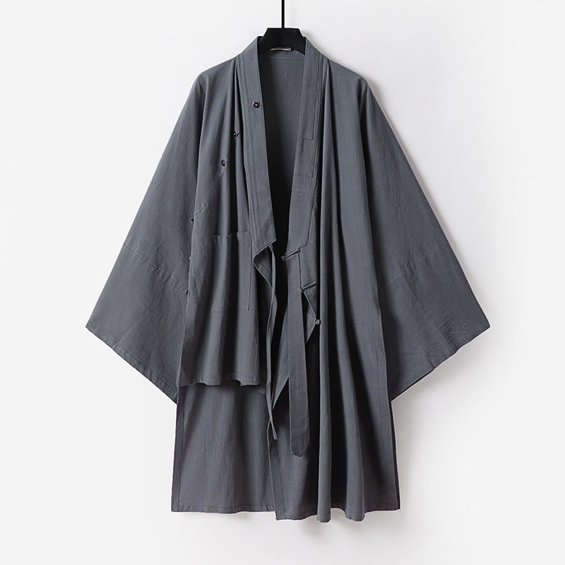 Buddha Stones 2Pcs Fall Solid Long Sleeve Men's Taoist Long Robe Lace-up Kimono Sleeveless Vest Qigong Ceremony Suit - image 6