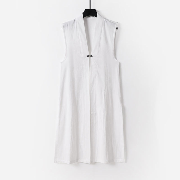 Buddha Stones 2Pcs Fall Solid Long Sleeve Men's Taoist Long Robe Lace-up Kimono Sleeveless Vest Qigong Ceremony Suit - image 1