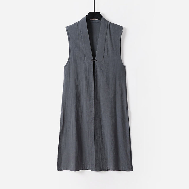 Buddha Stones 2Pcs Fall Solid Long Sleeve Men's Taoist Long Robe Lace-up Kimono Sleeveless Vest Qigong Ceremony Suit - image 5