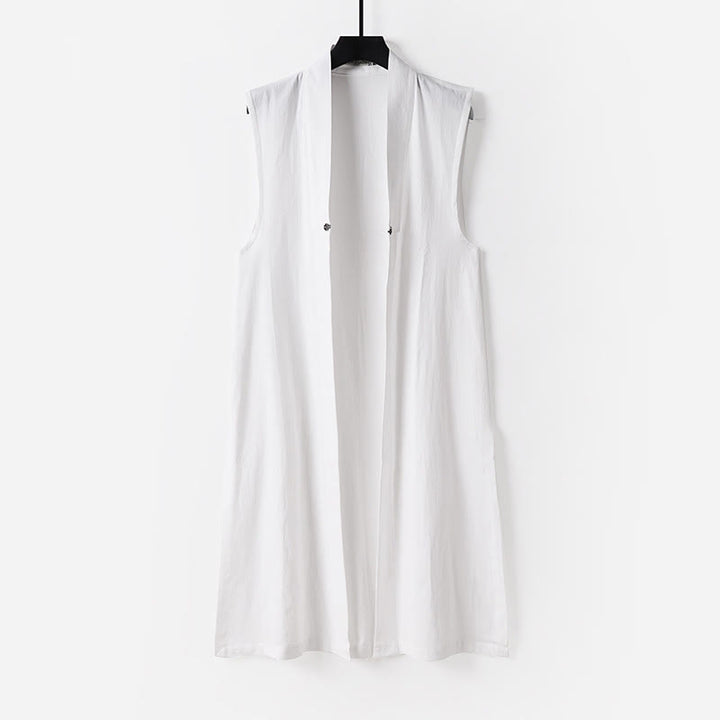 Buddha Stones 2Pcs Fall Solid Long Sleeve Men's Taoist Long Robe Lace-up Kimono Sleeveless Vest Qigong Ceremony Suit - image 2