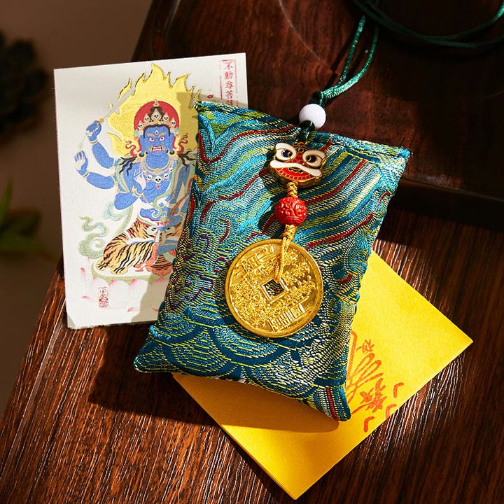 Buddha Stones Chinese Zodiac Natal Buddha Mountain Ghosts Spend Money Copper Coins Sachet Hanging Decoration - Dark Green Fabric - Rooster-Acalanatha - image 6