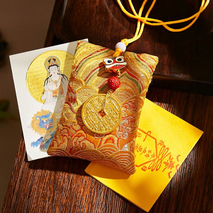 Buddha Stones Chinese Zodiac Natal Buddha Mountain Ghosts Spend Money Copper Coins Sachet Hanging Decoration - Yellow Fabric - Rabbit-Manjushri Bodhisattva - image 16