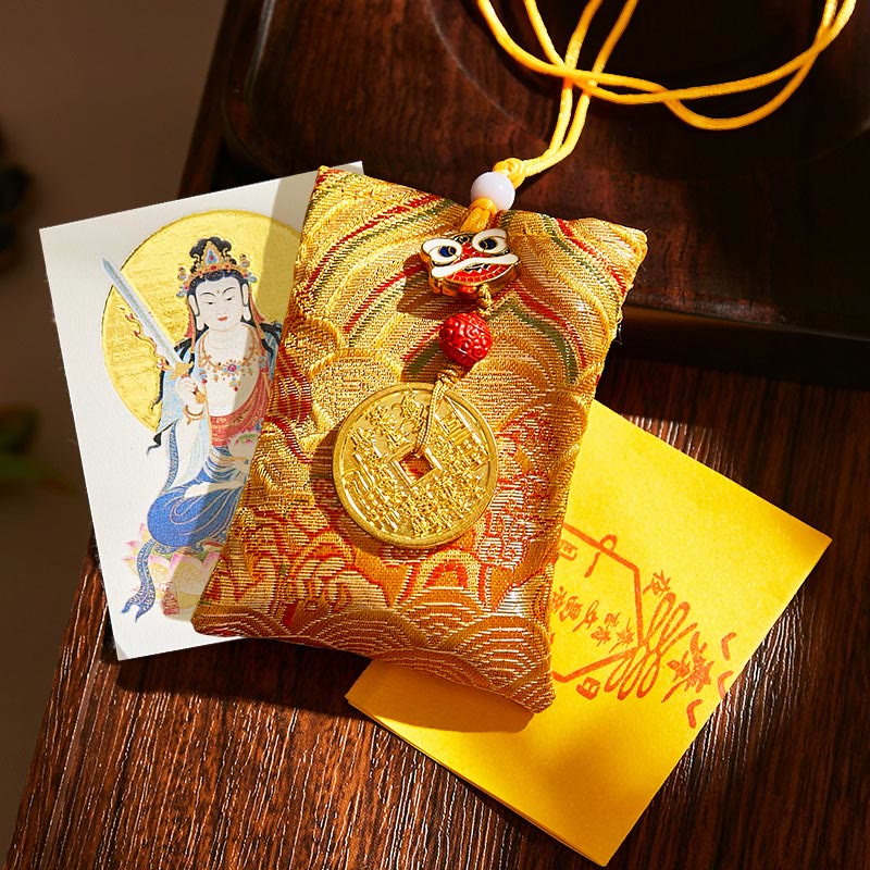 Buddha Stones Chinese Zodiac Natal Buddha Mountain Ghosts Spend Money Copper Coins Sachet Hanging Decoration - Yellow Fabric - Ox/Tiger-Void Bodhisattva - image 18