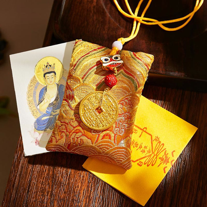 Buddha Stones Chinese Zodiac Natal Buddha Mountain Ghosts Spend Money Copper Coins Sachet Hanging Decoration - Yellow Fabric - Goat/Monkey-Tathagata - image 21