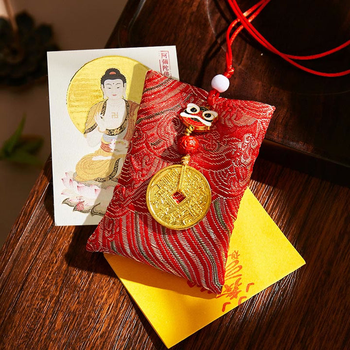 Buddha Stones Chinese Zodiac Natal Buddha Mountain Ghosts Spend Money Copper Coins Sachet Hanging Decoration - Red Fabric - Dog/Pig-Amitabha Buddha - image 31